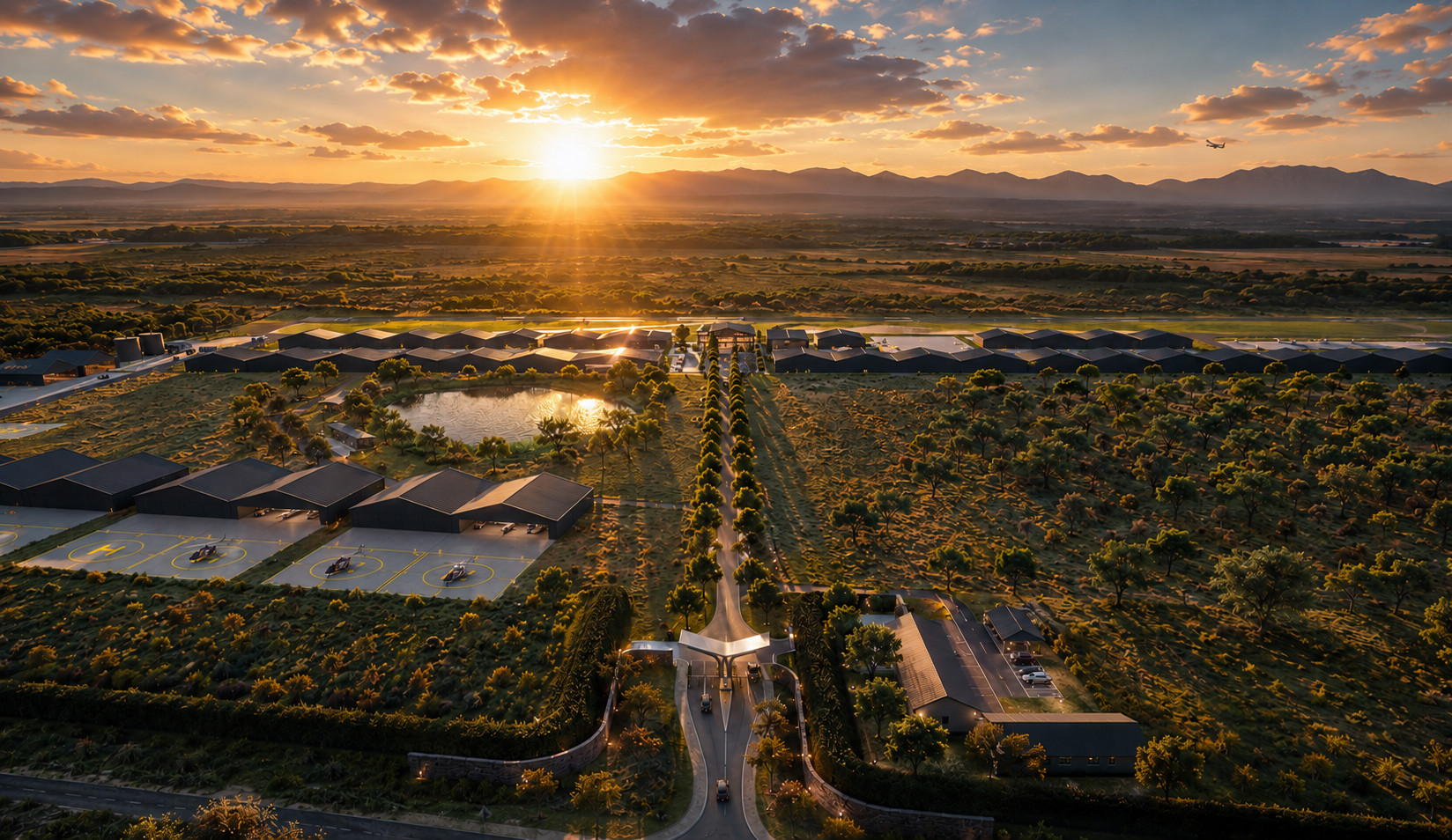 Architectural rendering of Atlantic Aerodrome with runway, hangars and aviation precinct; not an operational runway-layout reference