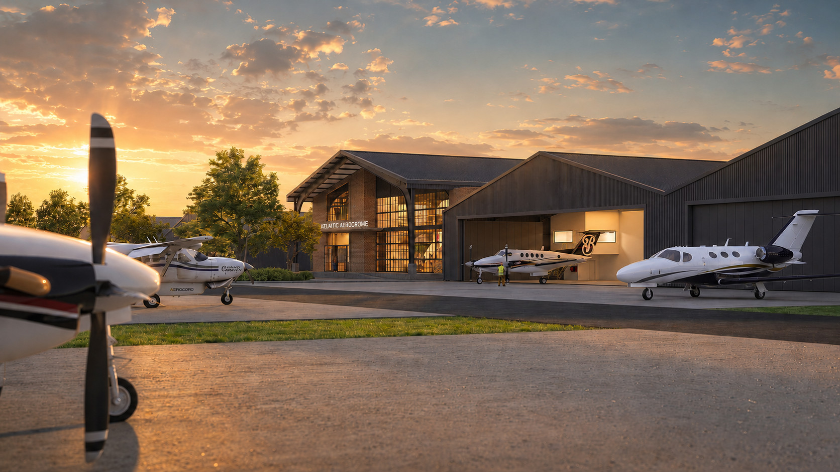 Hangars and aircraft apron at Atlantic Aerodrome
